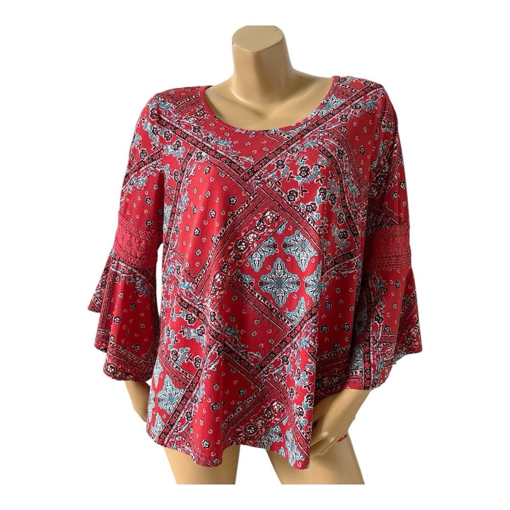 Roommates Peasant Blouse Womens Plus 1X Boho Paisley Bell Sleeve Keyhole Back